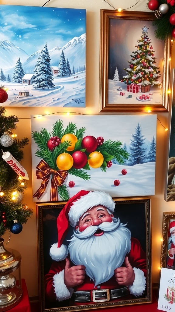 A variety of Christmas paintings including winter landscapes, Santa Claus, and festive still life.
